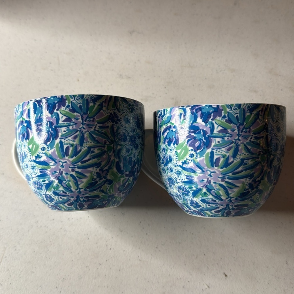 Lilly Pulitzer 12oz Ceramic Mugs Blue Floral Pair of 2 - Picture 9 of 11